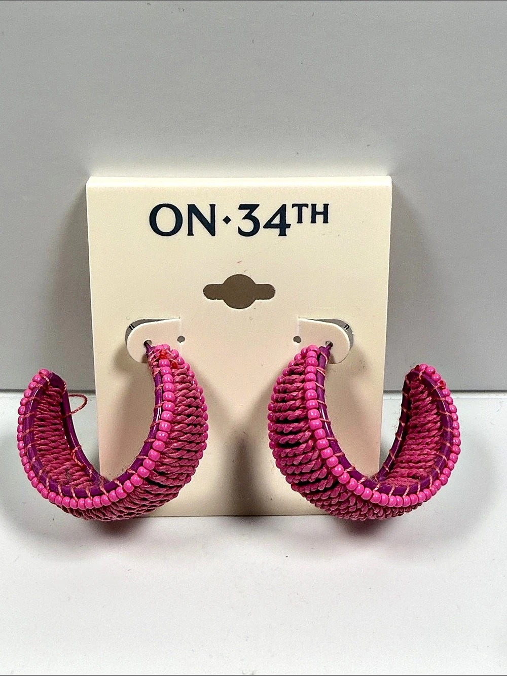 ON·34TH Seed Bead & Raffia C-Hoop Earrings Pink